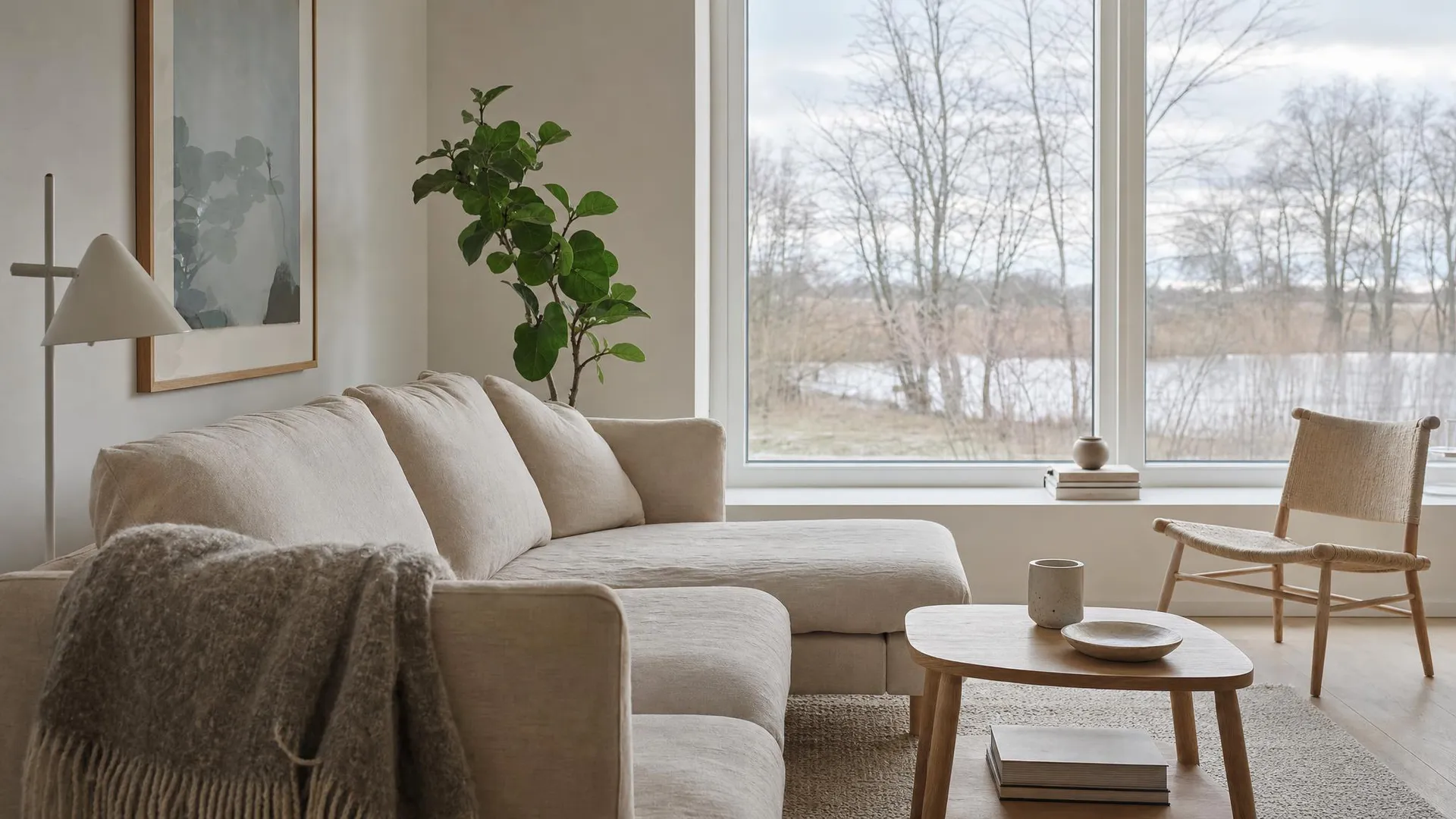 Varmt vardagsrum med dagsljus och en lugn stämning