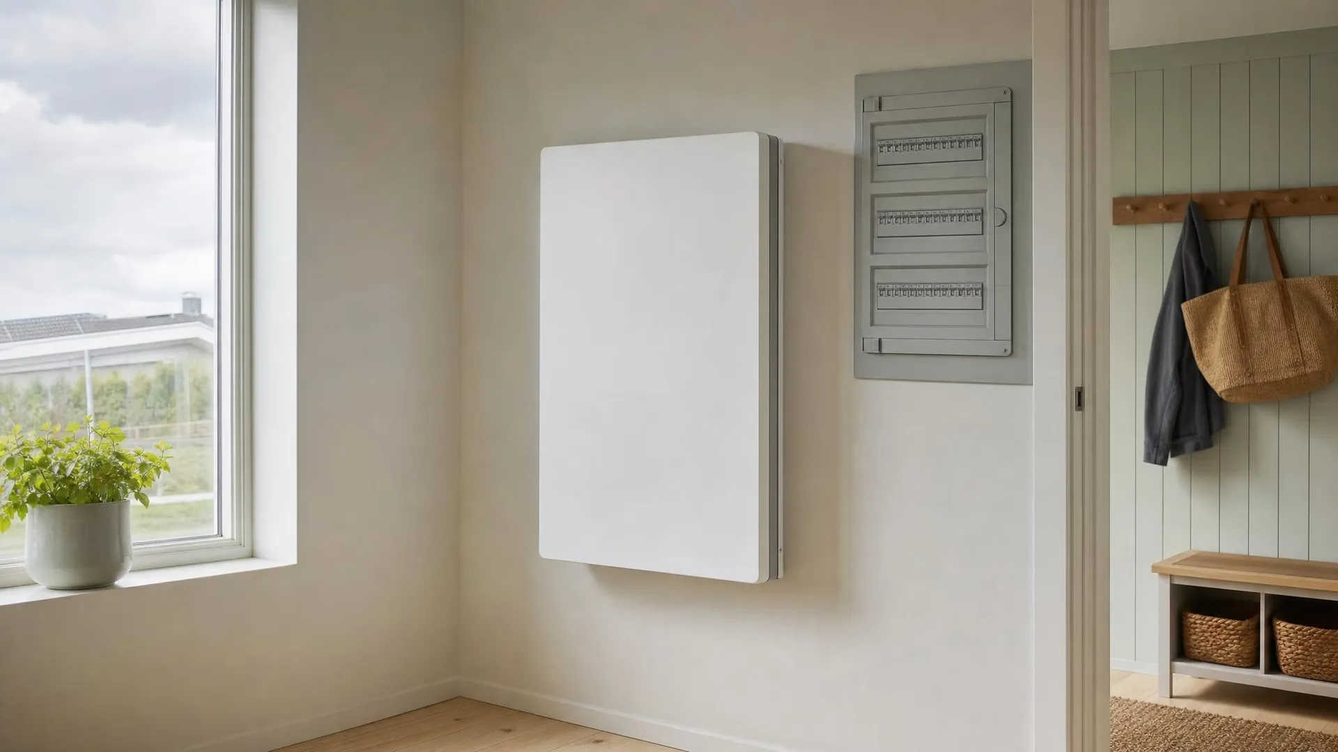 Ljust teknikrum i en villa med ett väggmonterat hembatteri i neutral vit design